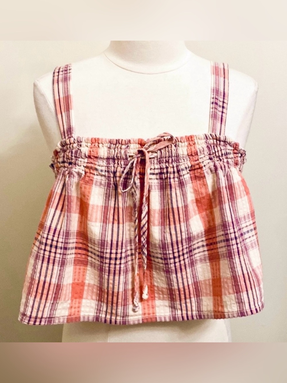 American Eagle Pink Cream Plaid M Boho Chic Festival Cowgirl Cami Swing Tank Top